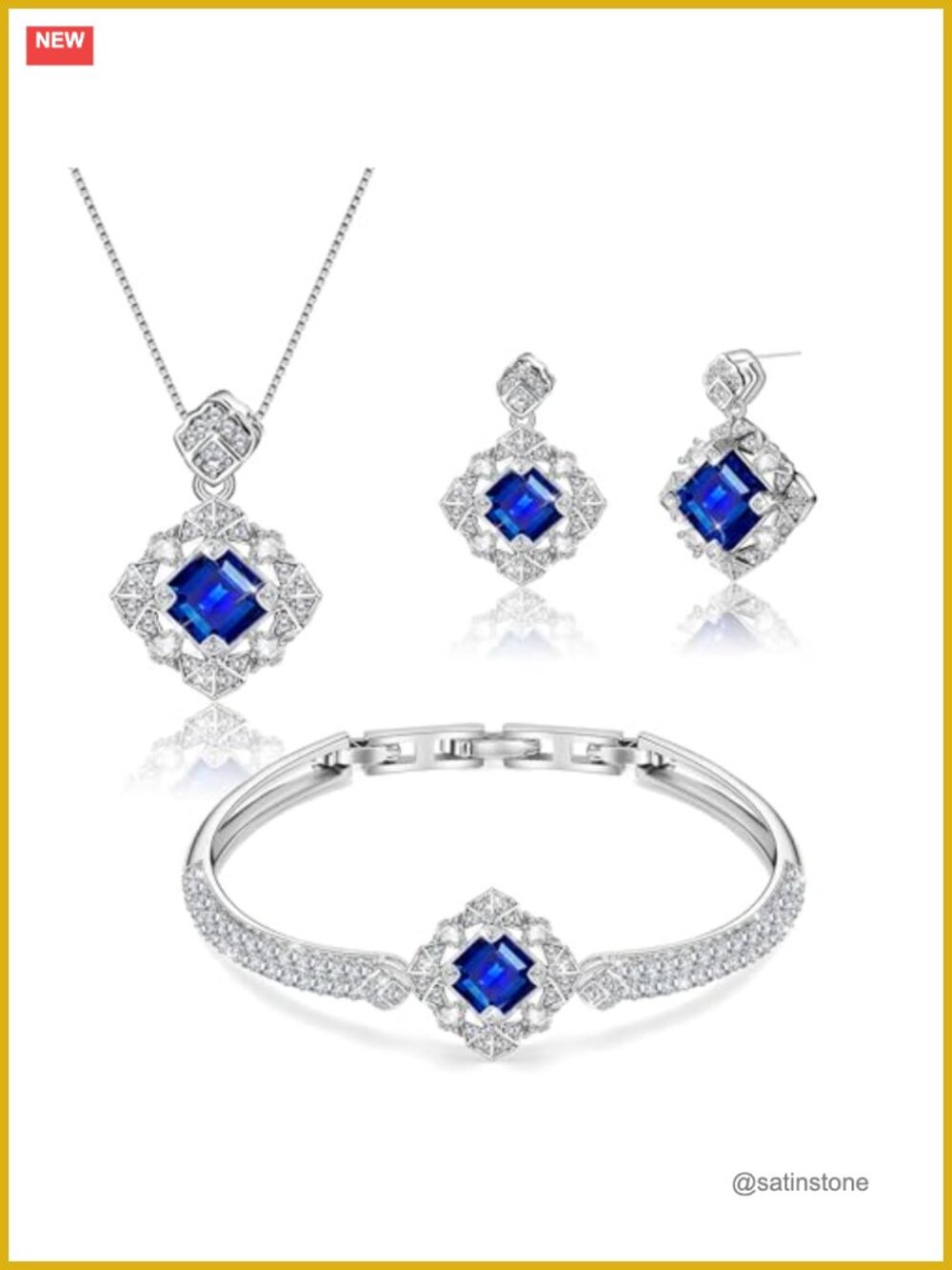 18K White Gold Plated Brass Crystal Jewelry Set Necklace Bracelet Earrings
